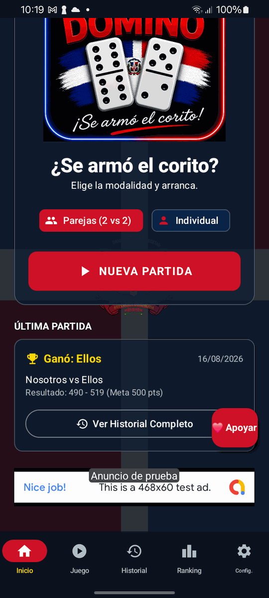 Pantalla de inicio de Corito e’ Dominó