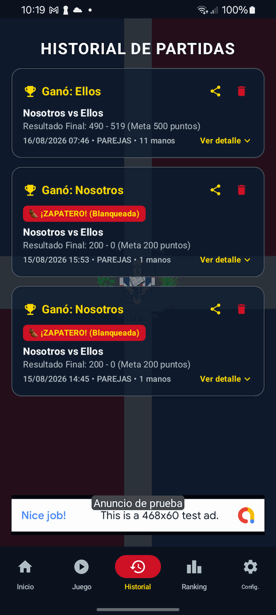 Historial de partidas en Corito e’ Dominó
